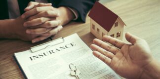 Customers buying houses are negotiating about the cost of home insurance with agents.