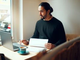 Startup, research or business man on laptop in coffee shop for strategy planning, life insurance or